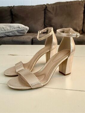 Kelly & Katie Hailee Gold Shimmer Champagne Block Heel Sandals Heels Wedding